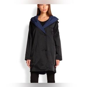 Eileen Fisher Black & Navy Blue Reversible Raincoat Hooded Size M